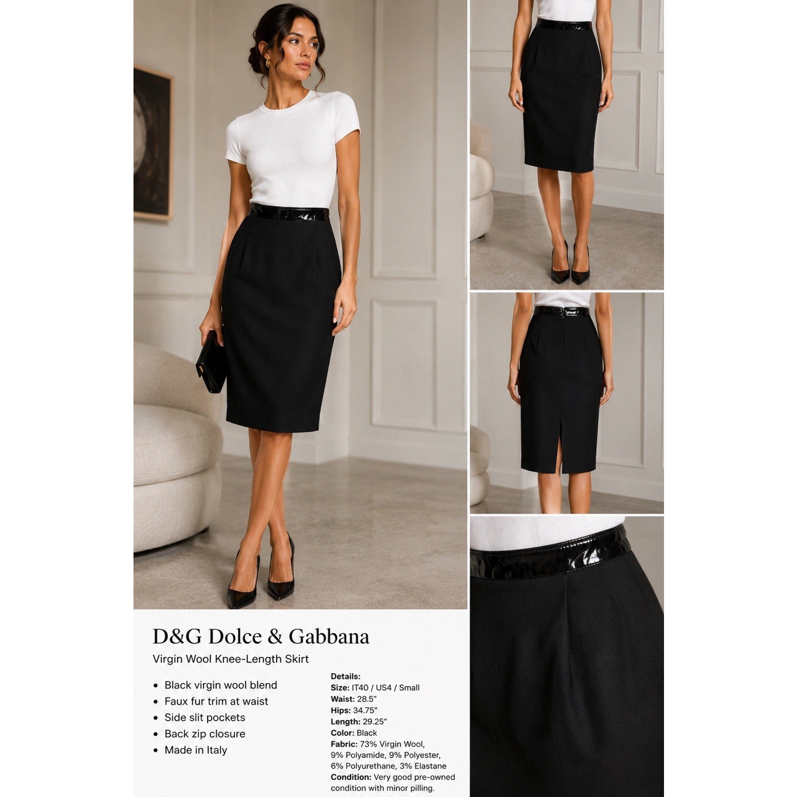 D&G Dolce & Gabbana Black Virgin Wool Pencil Midi Skirt It40 / Us4